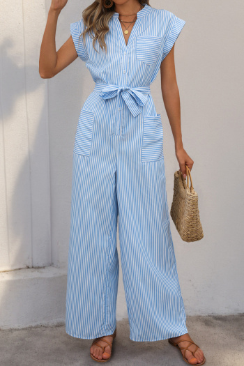casual non-stretch v-neck stripe printing short sleeve jumpsuit
