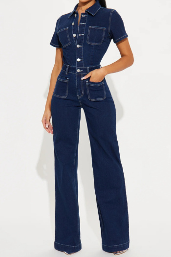 casual plus size stretch denim solid color lapel pocket jumpsuit