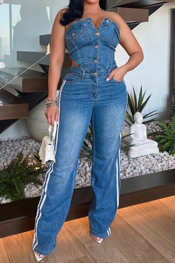 sexy plus size slight stretch denim tube design cutout button jumpsuit