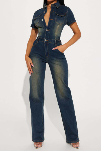 casual plus size stretch washed denim lapel button jumpsuit
