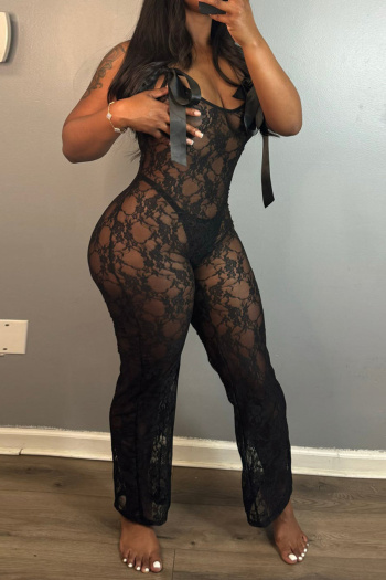 sexy plus size slight stretch see-through lace jumpsuit