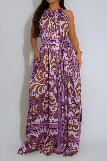 bohemian plus size slight stretch graphic print with belt halter-neck jumpsuit