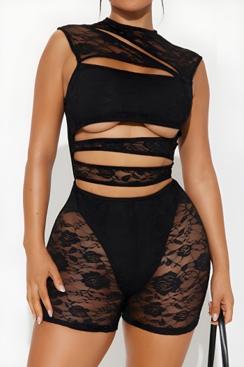 sexy slight stretch see through lace stitching hollow out playsuit