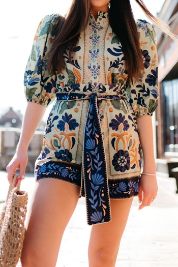 bohemian style plus size non-stretch tatting digital print with belt playsuit