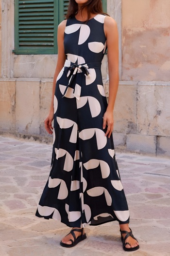 bohemian style slight stretch graphic printing sleeveless wide-leg jumpsuit#2#