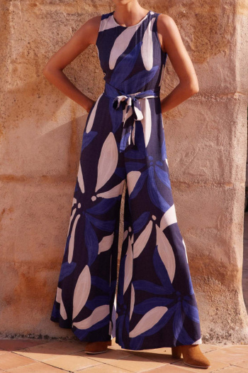 bohemian style slight stretch graphic printing sleeveless wide-leg jumpsuit#3#