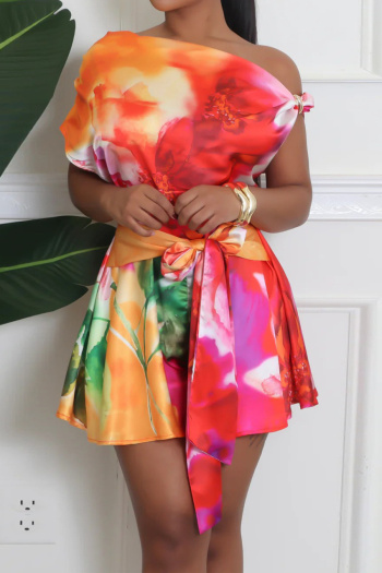 stylish plus size slight stretch graphic printing oblique shoulder playsuit