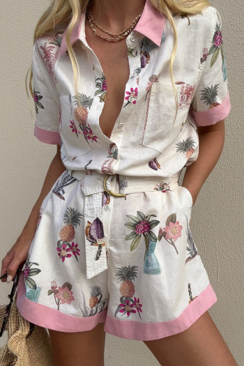 casual plus size non-stretch batch printing linen playsuit with belt