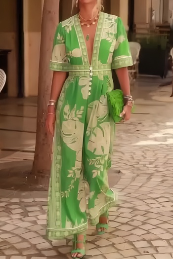 casual new  non-stretch deep v neck short sleeve printed jumpsuit