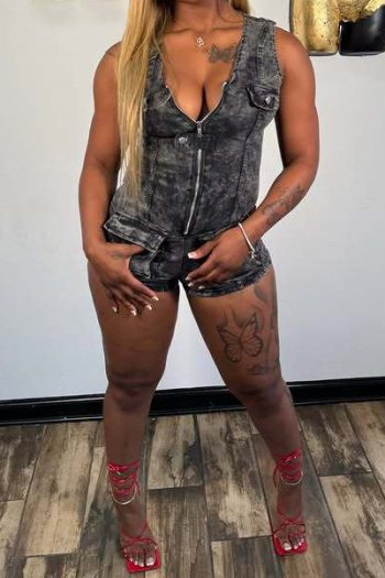casual plus size slight stretch slim zip-up sleeveless denim playsuit