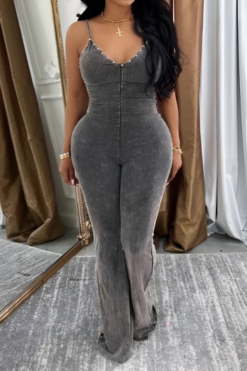 stylish plus size stretch denim v-neck rivet sling skinny jumpsuit