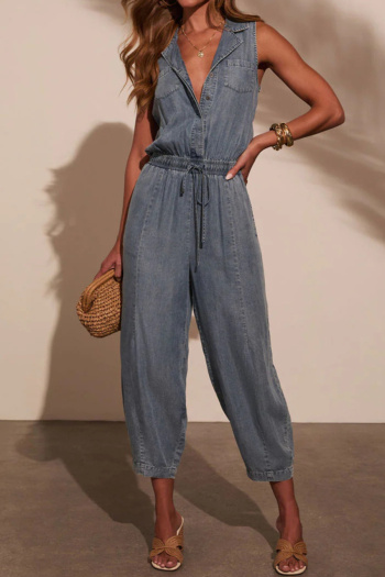 casual non-stretch denim lapel sleeveless jumpsuit
