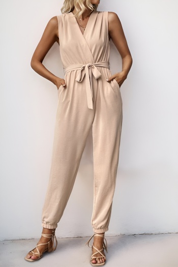 casual non-stretch pure color v-neck tie-waist jumpsuit