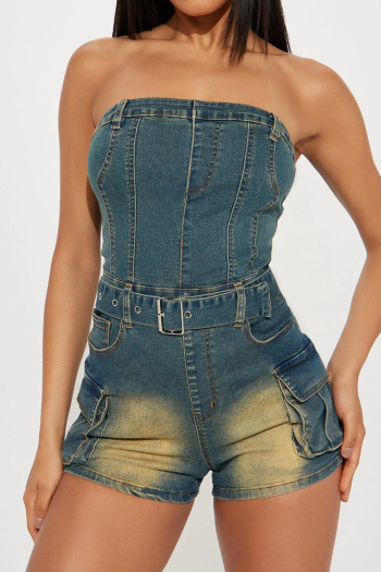 stylish plus size slight stretch tube top slim fit denim playsuit with belt
