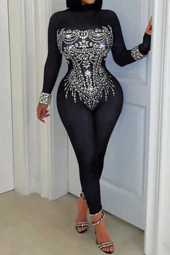 casual slight stretch solid color rhinestone decor slim fit jumpsuit