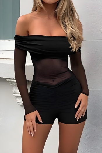 sexy slight stretch one-shoulder see-through mesh stitching shirring playsuit