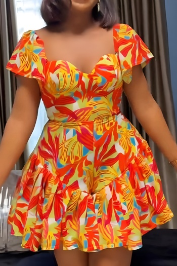 casual plus size non-stretch batch printing pleated playsuit