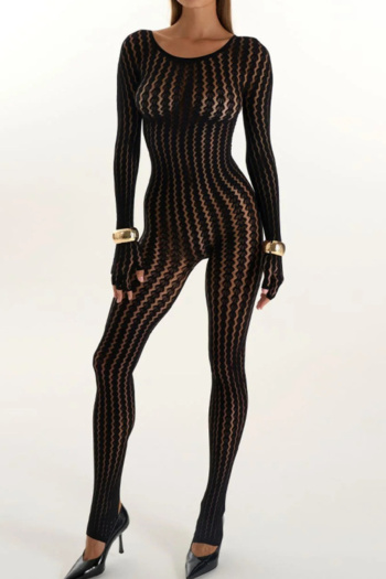 sexy high stretch crew neck solid color see-through jumpsuit