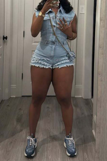 stylish plus size slight stretch slim fit sleeveless denim playsuit