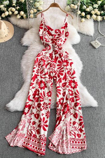 bohemian vacation non-stretch floral printing wide-leg sling jumpsuit