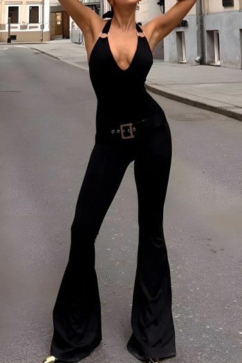 xs-l stylish stretch ring linked v-neck halter-neck flared jumpsuit(no belt)