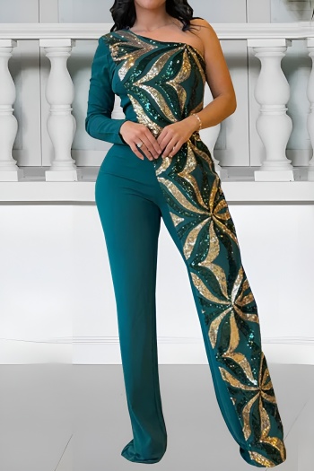sexy plus size slight stretch sequined one shoulder jumpsuit