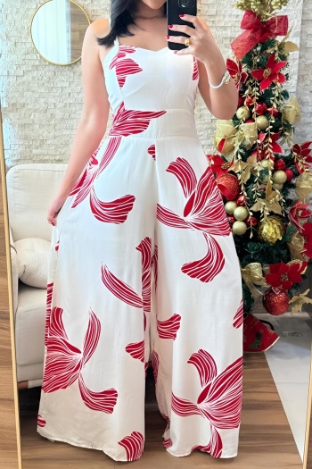 casual slight stretch flower printing sling wide leg jumpsuit