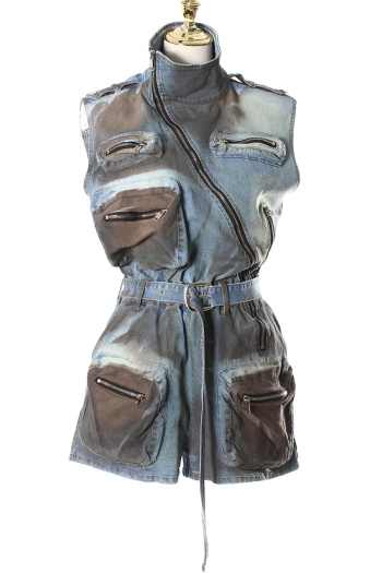 casual non-stretch washed denim lapel zip-up sleeveless playsuit(size run small)