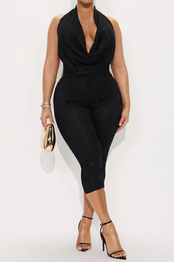 sexy slight stretch lace stitching halter neck large backless playsuit