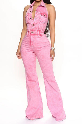 casual plus size slight stretch slim fit sleeveless halter neck denim jumpsuit