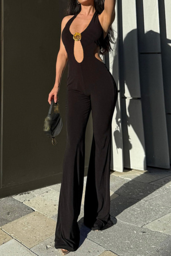 sexy slight stretch halter-neck flower decor jumpsuit
