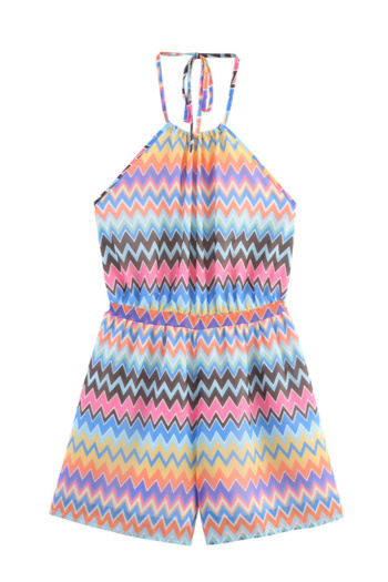 casual non-stretch halter-neck multicolor wave printing playsuit