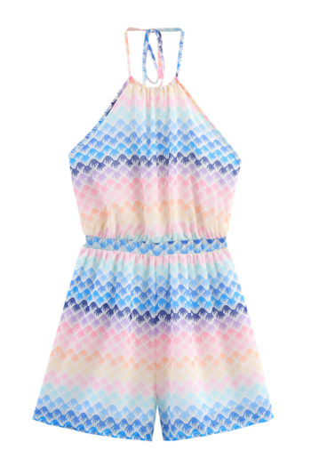 casual non-stretch halter-neck multicolor printing playsuit