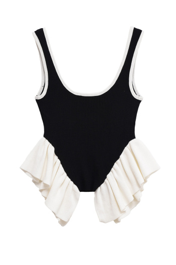 sexy slight stretch contrast color ruffle decor playsuit