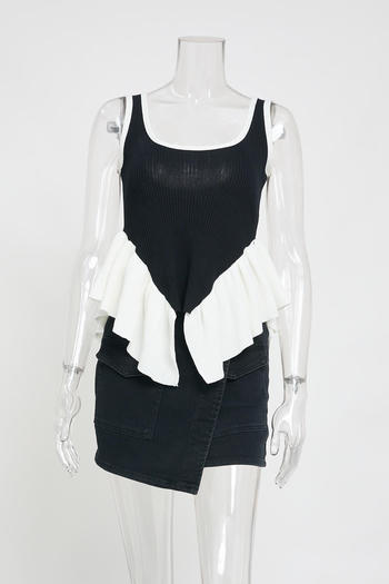 sexy slight stretch contrast color ruffle decor playsuit