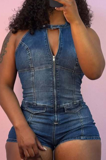 stylish plus size slight stretch denim sleeveless zip-up skinny playsuit