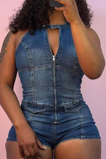 stylish plus size slight stretch denim sleeveless zip-up skinny playsuit