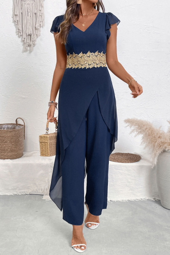 casual non-stretch v-neck stitching lace jumpsuit