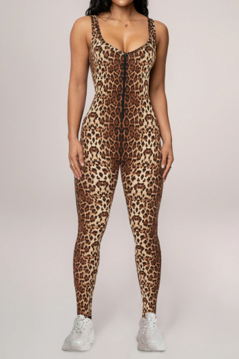 casual plus size slight stretch slim leopard print sleeveless zip-up jumpsuit