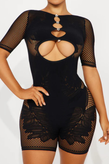 sexy high stretch tight see-through hollow short-sleeved playsuit