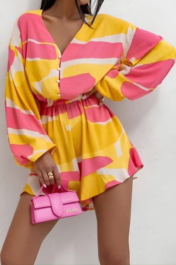 casual plus size non-stretch graphic printing v-neck lantern sleeve playsuit