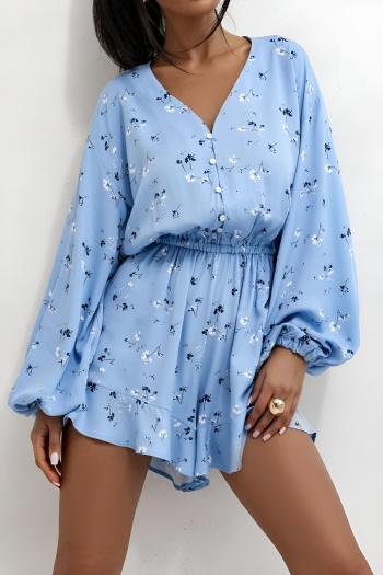 casual plus size non-stretch floral printing v-neck lantern sleeve playsuit