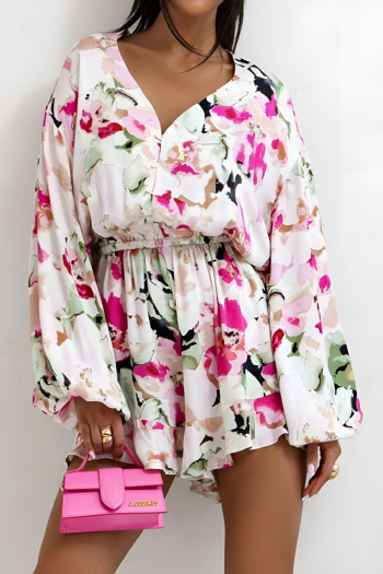 casual plus size non-stretch digital printing v-neck lantern sleeve playsuit