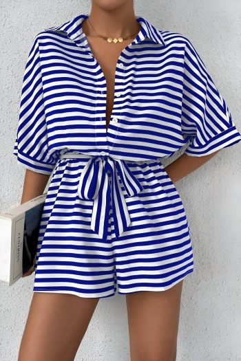 casual plus size non-stretch stripe print single-breasted with belt playsuit