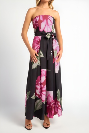 stylish non-stretch tube top batch printing wide-leg jumpsuit with belt