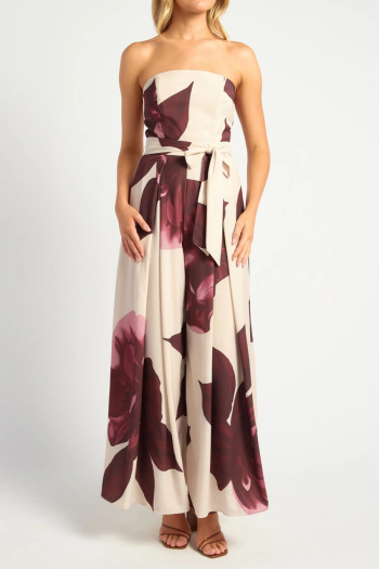 stylish non-stretch tube top batch printing wide-leg jumpsuit with belt #1