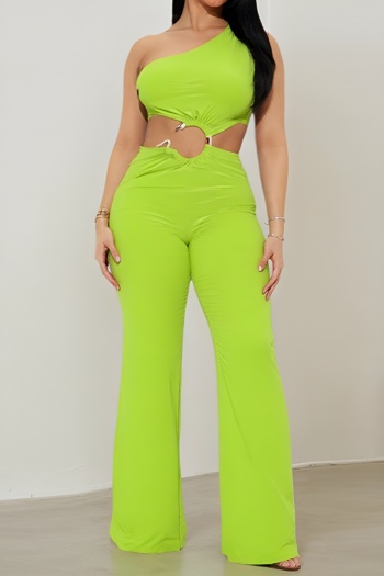 stylish slight stretch pure color hollow metal ring linked one shoulder jumpsuit