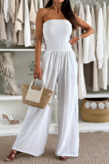 stylish plus size slight stretch 4 colors tube design smocked wide-leg jumpsuit