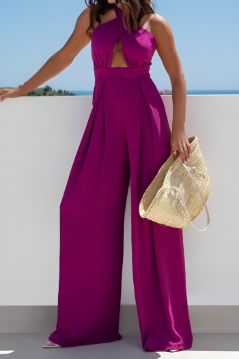 stylish plus size non-stretch pure color halter-neck lace-up wide-leg jumpsuit