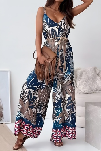 bohemian plus size non-stretch leaf printing wide-leg with belt jumpsuit